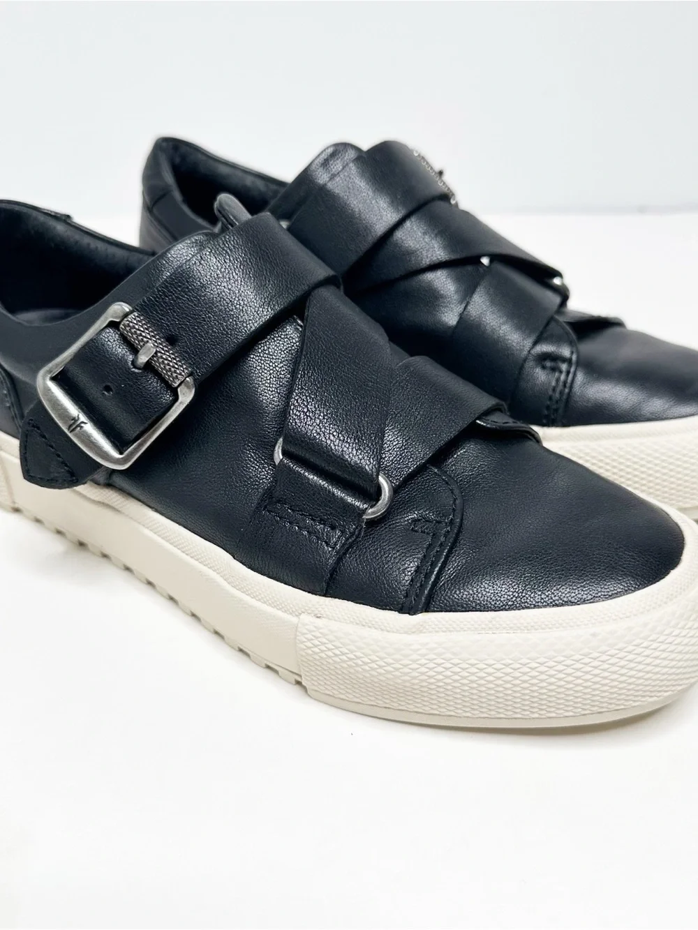 FRYE Gia Low Top Moto Buckle Black Leather Sneakers Womens Size 5.5